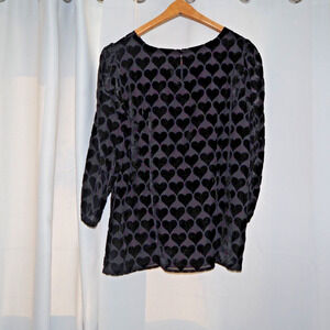 TALBOTS Black Velvet Burnout Hearts Blouson Top Size L Sheer Overlay Blouse